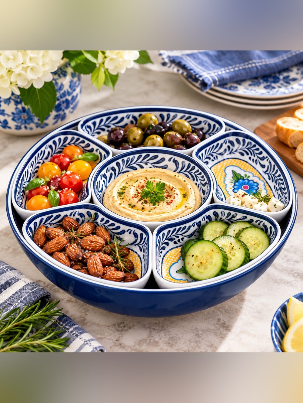 7 Pc Melamine Lazy Susan Serving Set Blue Floral w Cover New